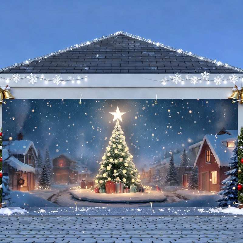 ANNA QUEEN Christmas Garage Door Banner 6x13FT, Night Village Christmas Tree Scene, Large Holiday Garage Door Cover for Outdoor Xmas Decorations, Winter Wonderland House Front & Driveway Decor - Image 2